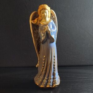Ceramic Angel 7.75" Tall, Hand-painted Blue & Gold Gown, Filligree Wings #61